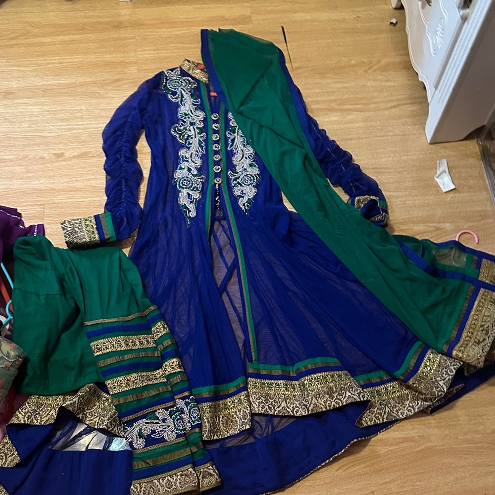 Blue and Green Embroidered Anarkali Dress